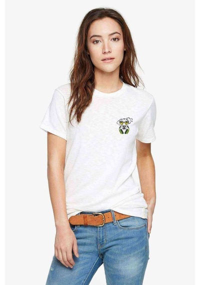 Gözlük Ve Kulaklık Köpek Göğüs Baskılı Beyaz Kadın Tshirt