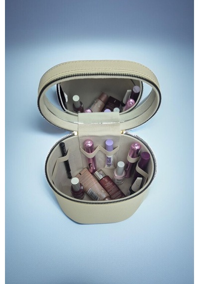 Makyaj Düzenleyici Aynalı Makyaj Çantası Krem Bölmeli Taşınabilir Kozmetik Organizer 19x15x16 Cm