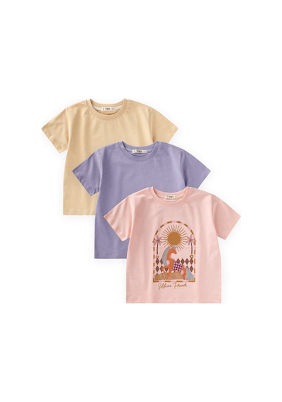 Cigit Üçlü Set Kız T-shirt 2-10 Yaş Lila Sarı Pudra
