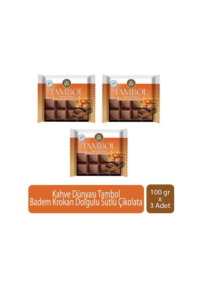 Kahve Dünyası Tambol Badem Krokan Dolgulu Sütlü Çikolata 100 Gr X 3 Adet