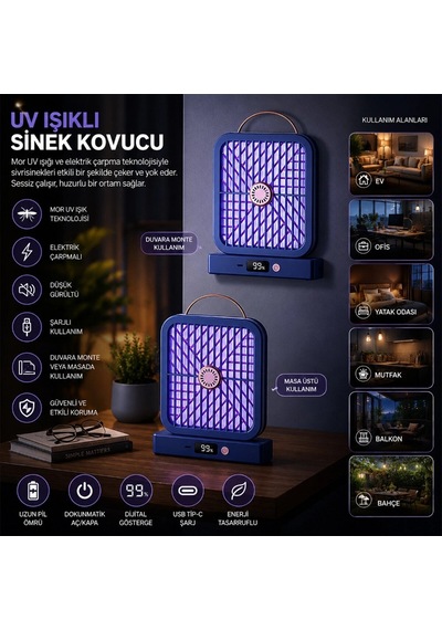 Özel Üretim Sessiz Kamp Tipi Uv Işıklı Sinek Kovucu Şarjlı Elektrik Çarpmalı Dijital Ekranlı