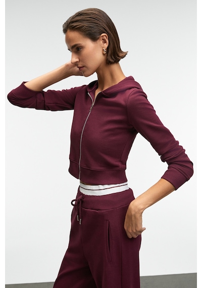 Grimelange COSIMA Kadın Metal Fermuarlı Kapüşonlu Crop Bordo Sweatshirt