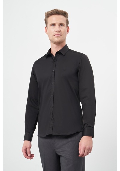 İmza Siyah Uzun Kol Düz Bez Ayağı 032 Sert Yaka Classic Slim Fit Gömlek 1004245324 Siyah