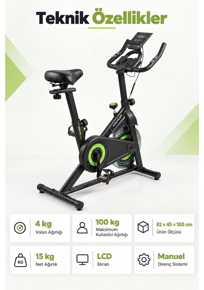 Spin Kondisyon Bisikleti 4 Kg Volanlı, Ayarlanabilir Dirençli Egzersiz Bisikleti Yeşil Genel