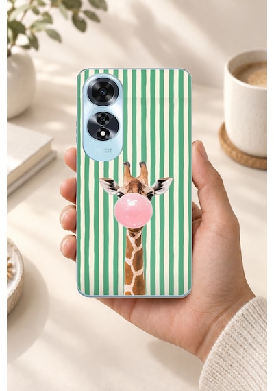 Oppo A60 Uyumlu Yeşil Çizgili Sakız Şişiren Zürafa Baskılı Silikon Kılıf