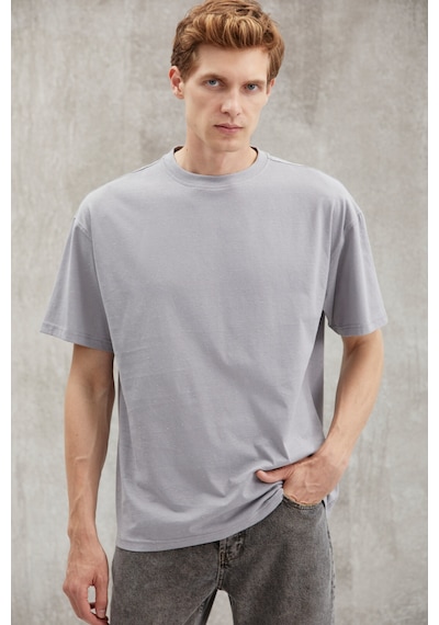 Grımelange Grımelange Sterlıng Erkek Oversize Fit Yagmur Damlacıklı Görüntülü Özel Dokulu Gri T-shirt Gri