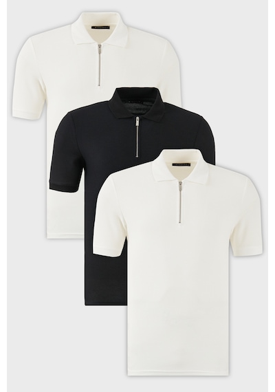 Buratti Pamuklu Regular Fit Yarım Fermuarlı 3'Lü Paket Erkek Polo Yaka T Shirt 5902434S3 Siyah-Ekru-Ekru