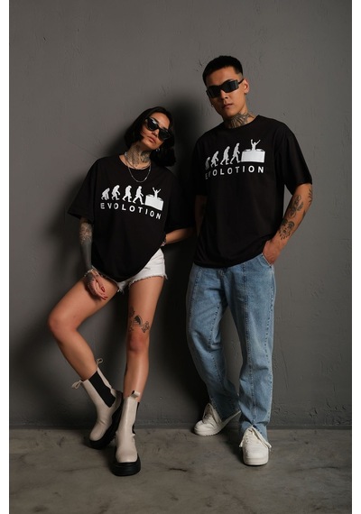Technomonkey Siyah Oversize Evolution Baskılı Unisex Tişört