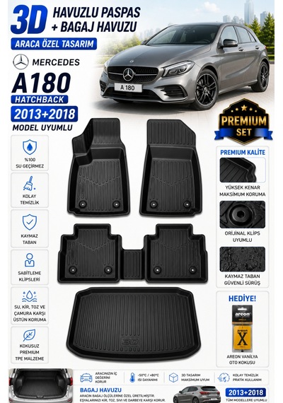 Mercedes A180 Hatcback 2016 Model Uyumlu 3d Araca Özel Havuzlu Paspas+bagaj Havuzu Birebir Uyum