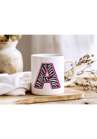 A Harfi Zebra Deseni Ve Pembe Kenarlı Kupa Bardak - Kişiye Özel Nakış Efektli - Siyah Beyaz Pembe Beyaz