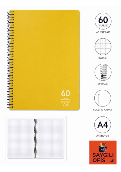Saygılıofis 60 Yaprak A4 Spiralli Pp Kapak Kareli Defter Sarı