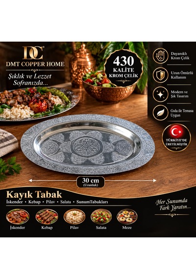 430 Kalite Krom Çelik Nakışlı Kayık 1adet Sunum Tabağı 30x20 Cm Gümüş