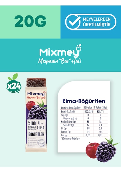Mixmey Böğürtlen Meyve Barı 24 Adet | Atıştırmalıklar – Vegan, Glutensiz, Koruyucusuz 20gx 24adet