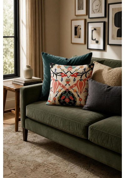 Premium Goblen Nakış Kırlent Kılıf 40 Cm X 40 Cm - 1 Adet Acı Kahve - Pembe