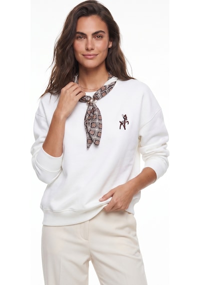 Onloox Kadın Beyaz Beyaz Pamuklu Üç İplik Şardonlu Oversize Ceylan Nakışlı Fular Detaylı Sweatshirt