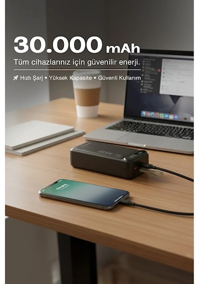 Hızlı Şarj Powerbank 30.000 Mah Taşınabilir Güç, Usb-c & Çift Çıkışlı Siyah