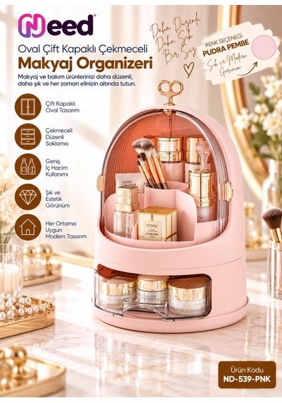 Need Oval Çift Kapaklı Çekmeceli Makyaj Ve Kozmetik Organizeri Pudra Pembe Nd-539-pnk
