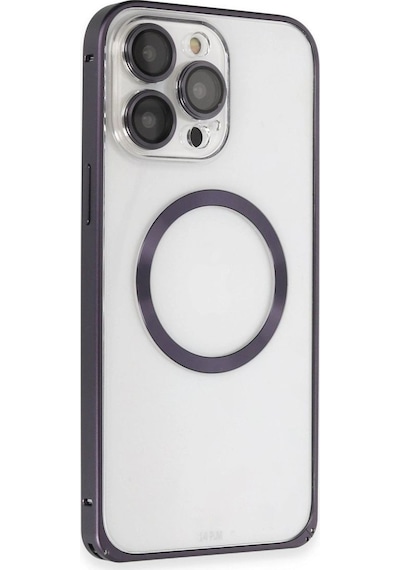 Tedar Joko Apple iPhone  Uyumlu  14 Pro Kılıf Metal Bumper Magneticsafe Kapak - Derin Mor Najmaddin standart