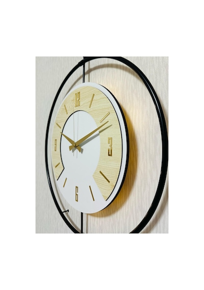 Pey Aksesuar 50x70 Cm Metal Ahşap Ve Işığın Muhteşem Uyumu Duvar Saati Dekoratif Ahşap-m54-siyah-beyaz-akça-gold