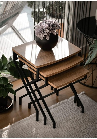 Modern Estetik Minimalist Çok Amaçlı Siyah Metal Ayak 3'lü Doğal Ahşap Zigon Sehpa Siyah