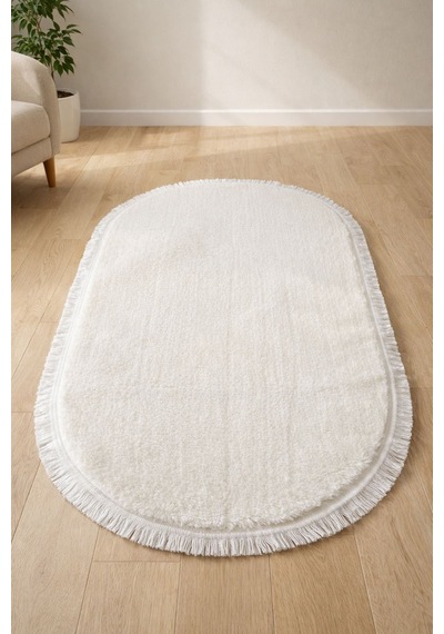 Melena Carpet Lüks Peluş Oval Yolluk Kaymaz Taban Ultra Yumuşak Modern Banyo Ve Salon Halısı Beyaz