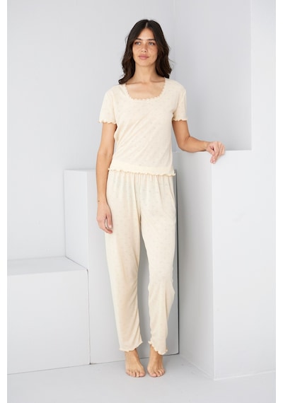 Siyah İnci Pointel Ajurlu/delikli Örme Pijama Takım7893 Krem