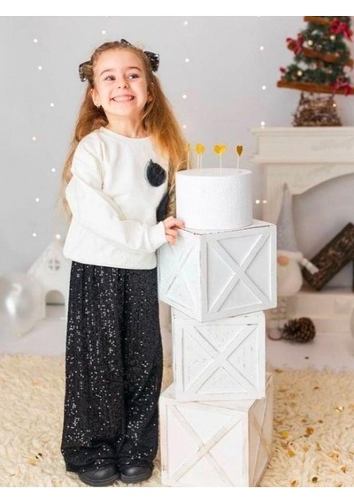 Çikoby Kız Çocuk Sweati Gül Detaylı Pul Payet Pantolonlu Takım-14881 Ekru