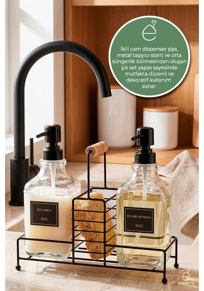 Bambu Standlı Cam Sıvı Sabunluk Seti İkili Deterjanlık Mutfak Banyo Organizer 500 Ml Şeffaf