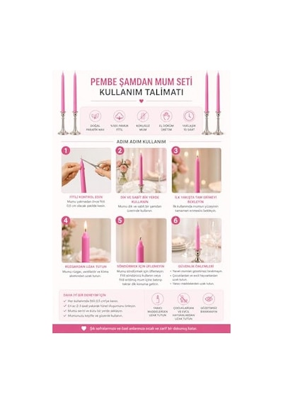 2'li Pembe Şamdan Mum Seti 25 Cm Dekoratif İnce Şamdan Mum, Kokusuz Parafin Wax,%100 Pamuk Fitil, El Döküm, Uzu Diğer