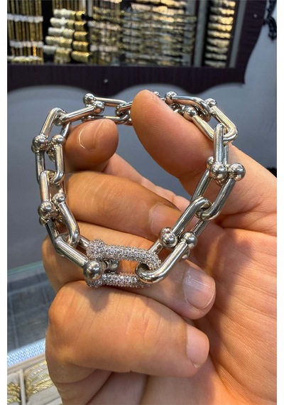 Silver Spor Kalın Taşlı Bileklik Beyaz