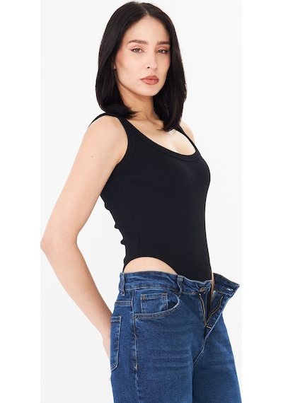 Distimi Askılı Fitilli Bodysuit Pamuk Siyah