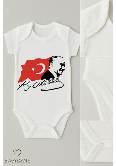 Babyden's Atatürk İmzalı 3 Lü Bebek Body Seti %100 Pamuk, Kısa Kollu,unisex Bebek Zıbın Beyaz