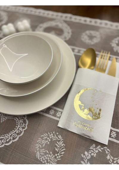Gold Yaldızlı Beyaz Hoşgeldin Ramazan Yeni Ay Desenli Cepli Peçete 12 Li