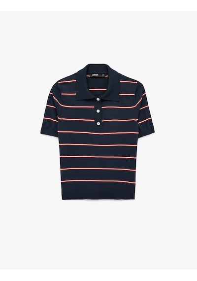 Koton Kısa Kollu Polo Yaka Çizgili Triko Tişört Lacivert Çizgili 6sak90162ht