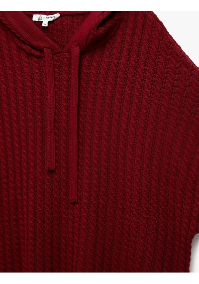 Koton Geniş Kısa Kollu Kapüşonlu Saç Örgüsü Dokulu Triko Oversize Panço Bordo 6wal90124ht