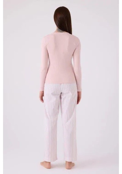 Arnetta Kadın V Yaka Örme Pembe Uzun Kol Pijama Takım Pembe