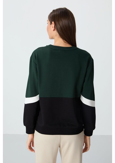 Tommy Life Çam Yeşili Kompakt Pamuklu Kalın Pürüzsüz Dokulu O Yaka Oversize Fit Kadın Sweatshirt - 97289 Yeşil