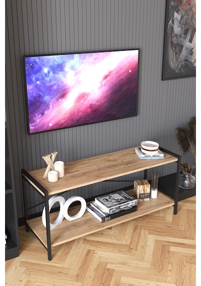 Dekoratif TV Ünitesi Ahşap Metal Ayaklı Raflı Televizyon Sehpası