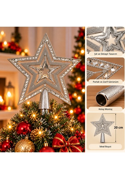 Bakgelal Lüks Yılbaşı Çam Ağacı Tepeliği - 20 Cm Özel İşlemeli & Desenli Gümüş Silver Işıltılı Yıldız Ağaç Süsü - 9079606790357 Diğer