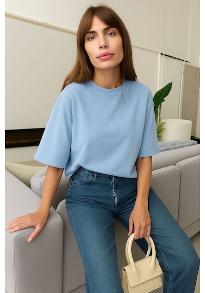 Düz Oversize Unisex Tişört Yb5 Bebe Mavisi