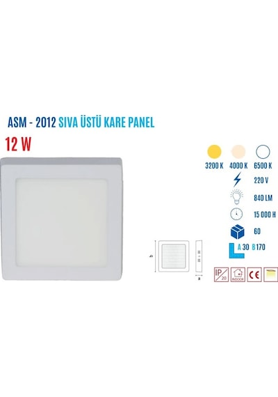 Ycl Asm-2012G 12W Sıvaüstü Kare Günışığı Led Panel