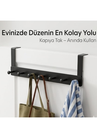 Metal Mat Siyah Kapı Arkası Askılık 7 Kancalı Amerikan Tipi Organizer Askı, Banyo Ve Oda Kapıları İçin Pra Diğer