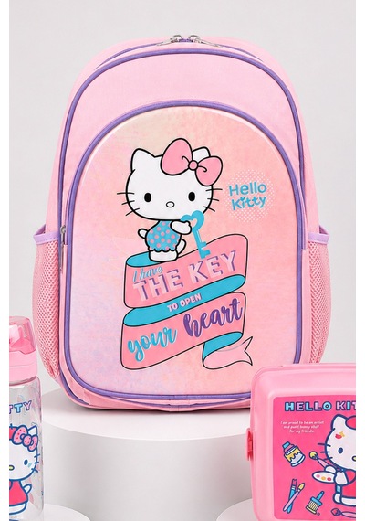 X Dekomus Heart Key Collection Hello Kitty Lisanslı İlkokul Çantası Beslenme Kabı Ve Matara Seti Açık Gri
