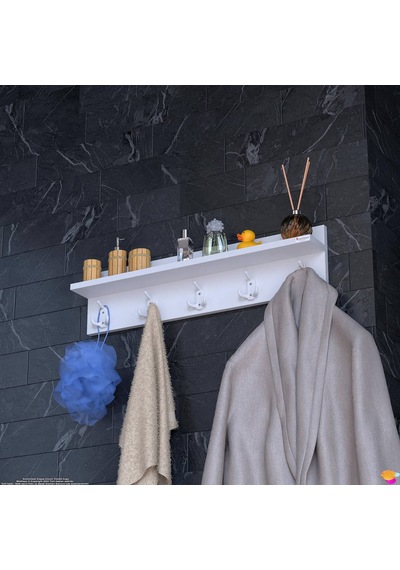 Modilayn Kedi Serisi 5 Li Banyo Askısı Seti 76,4x18cm 15 Kancalı Raflı Düzenleyici Yer Tasarrufu Beyaz