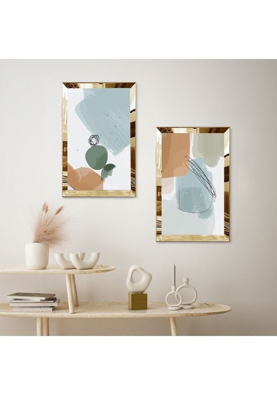 Gold Aynalı Pleksi Çerçeveli Renkli Modern Soyut Şekiller İkili Mdf Tablo Seti