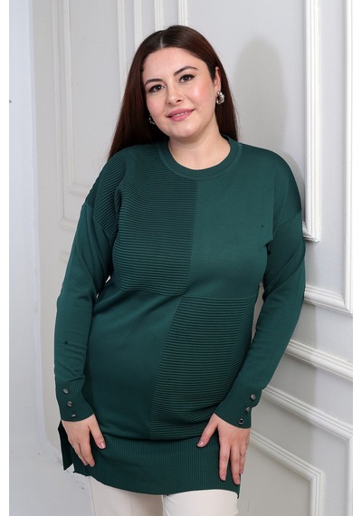 By Saygı Kadın Kolları Düğme Detaylı Büyük Beden Tunik Bluz Zümrüt