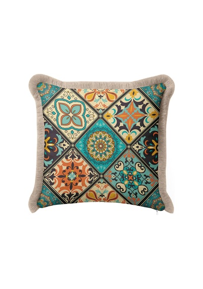 Oriental Lüks Saçaklı Yastık Kılıfı - Vintage Etnik Mint Yeşil Püsküllü Kırlent Kılıfı Grili Kobalt Mavi