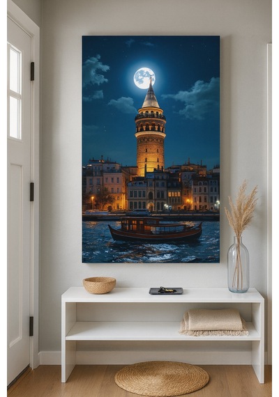 Galata Kulesi Ve Dolunay İstanbul Un Büyüsü Cam Tablo Gece Işıltısı Temalı