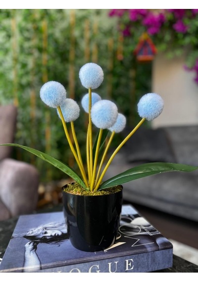 Yapay Çiçek Mavi Pompon Siyah Saksıda Dekoratif Yapay Çiçek 30 20cm