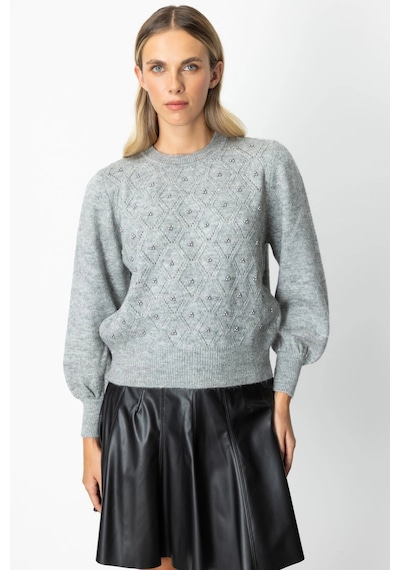 On Fashion Kadın İncili Baklava Desenli Gri Kazak 63316 Gri